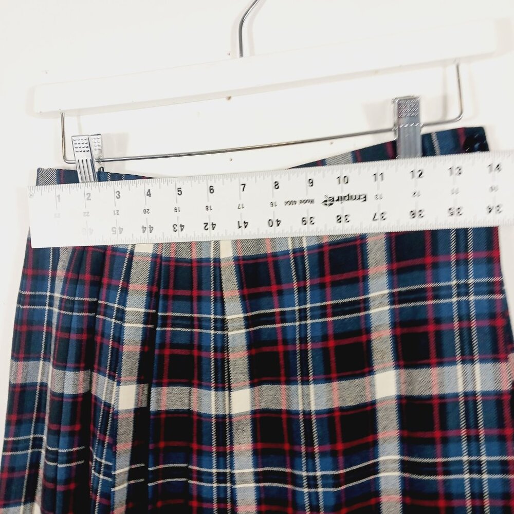 Vintage F.A. Chatta SZ 10 Wool Plaid Pleated Wrap Skirt, Navy/Red/Cream Academia - Picture 10 of 13